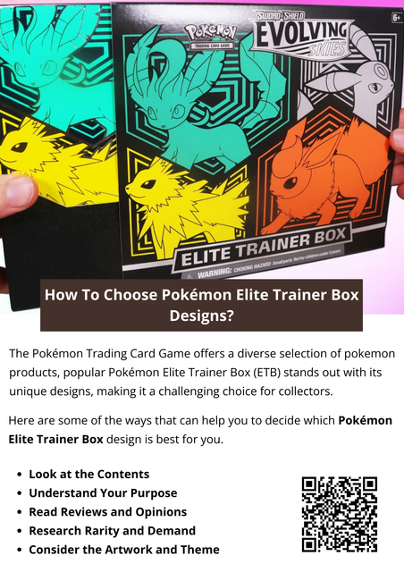 Choosing a Pokémon Elite Trainer Box design involves considering personal preferences, card set relevance, and aesthetic appeal. First, look for designs that resonate with your favorite Pokémon or themes. Next, consider the set the box contains; popular expansions may enhance value. Lastly, evaluate limited edition boxes for rarity. Ultimately, choose a design that excites you, as it reflects your passion for collecting and playing the Pokémon Trading Card Game. To know more visit here https://thecardvault.co.uk/collections/pokemon-trading-card-game-elite-trainer-boxes