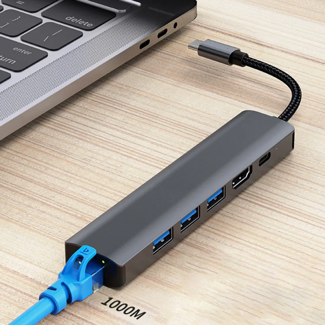 HUB 6 in 1 cu USB Type-C, RJ45 Gigabit(1000M), 3 x USB 3.0,1 x PD87W, 1 ...