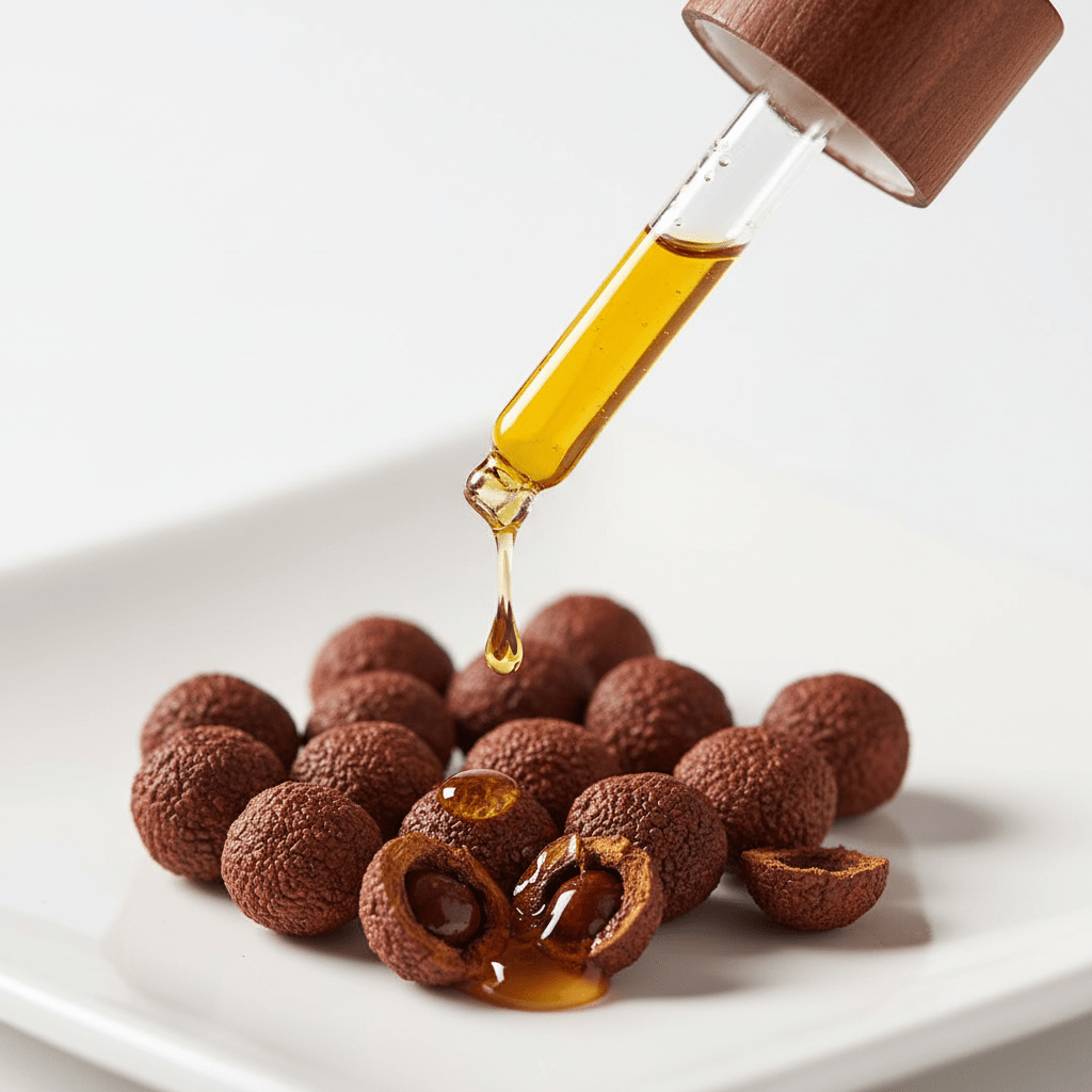 Close-up lab-style skincare composition with amla seed oil and droplets