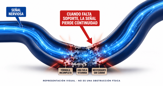 Analogía visual de una señal nerviosa que pierde continuidad cuando el soporte es insuficiente