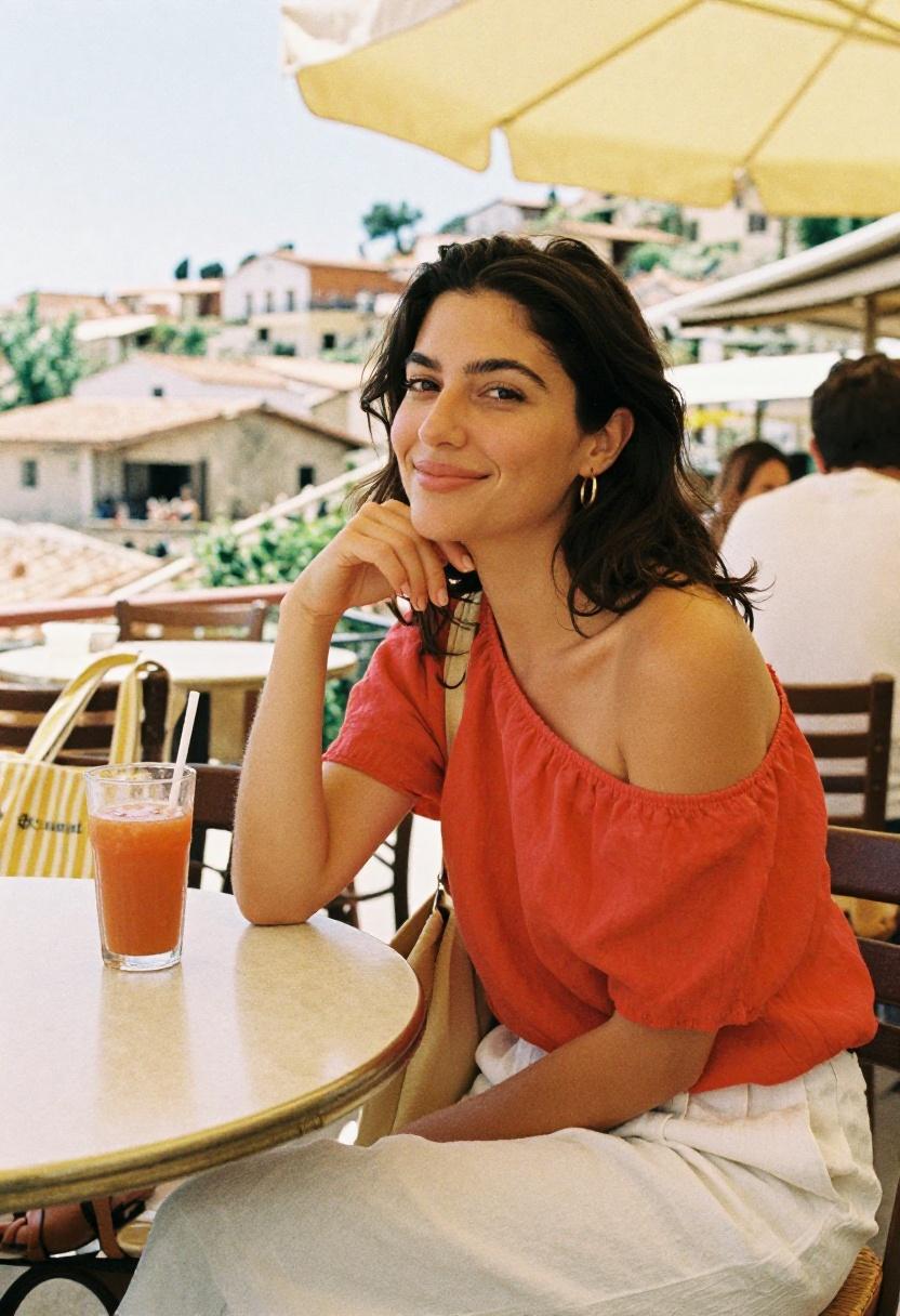 Woman in poppy-red off-shoulder linen top and wide-leg white trousers at brunch