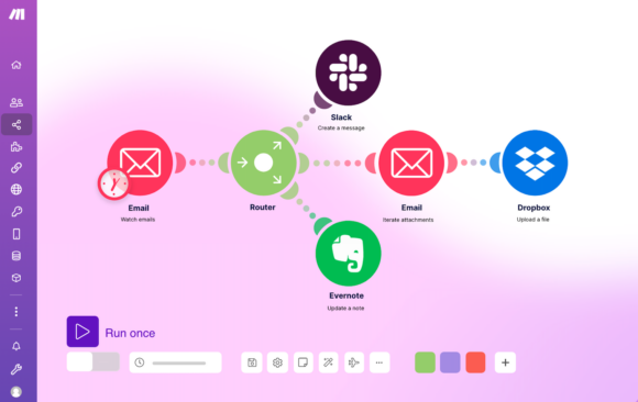 Make.com visual scenario builder showing app connections and data flow