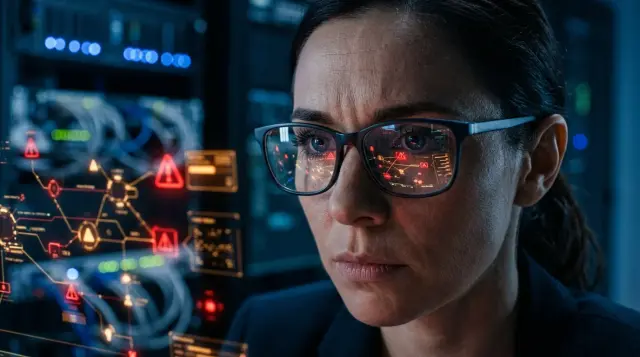 Cybersecurity analyst's glasses reflecting glowing threat detection screens in dark server room
