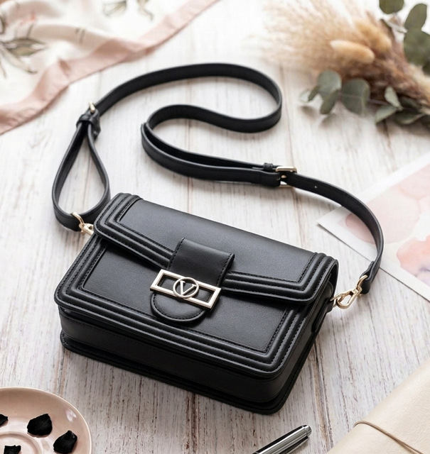 Cartera Bandolera Pequeña Negra con Broche de Letra "V" Plateada Honduras
