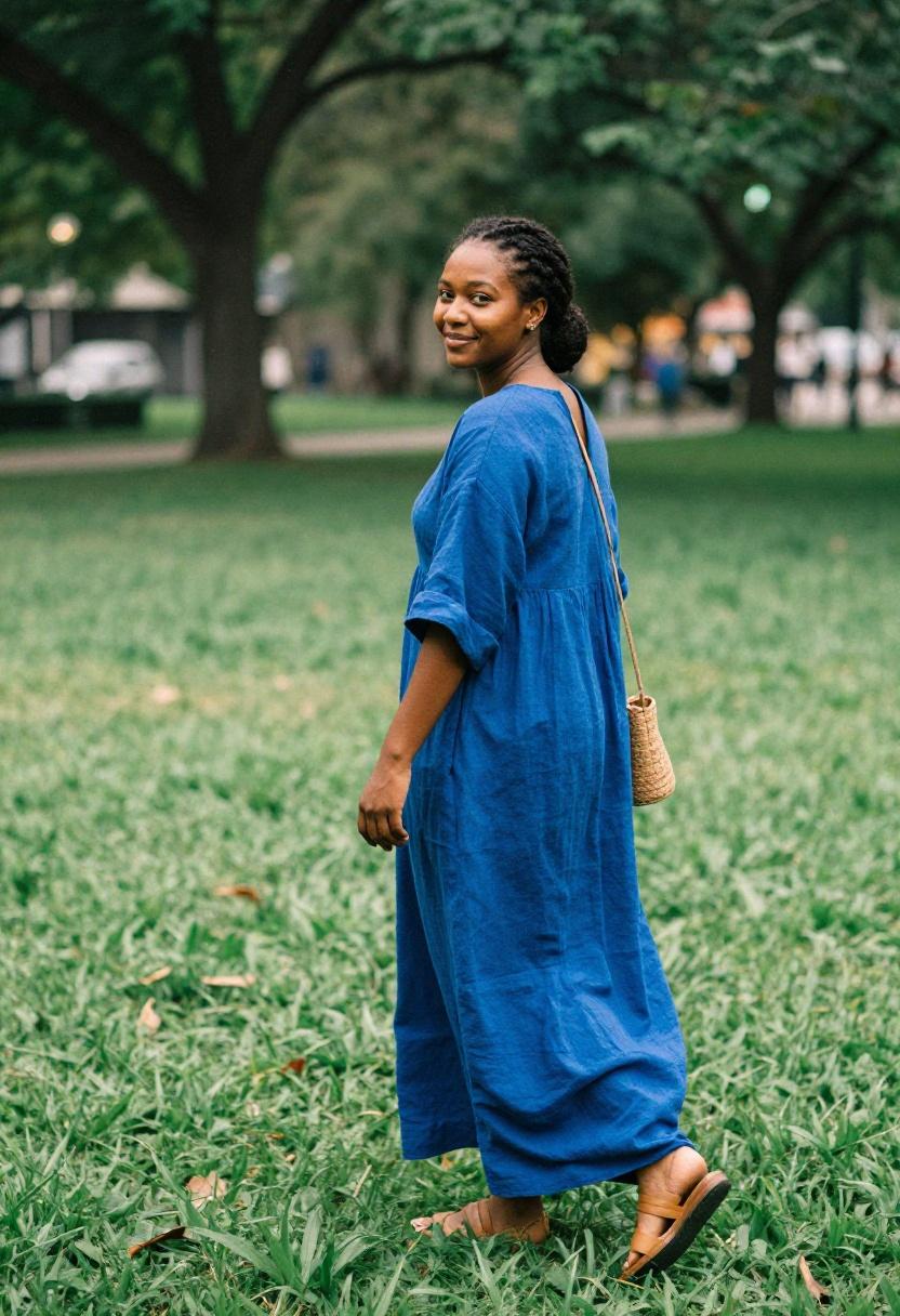Cobalt blue linen maxi dress floating through a sun-dappled park