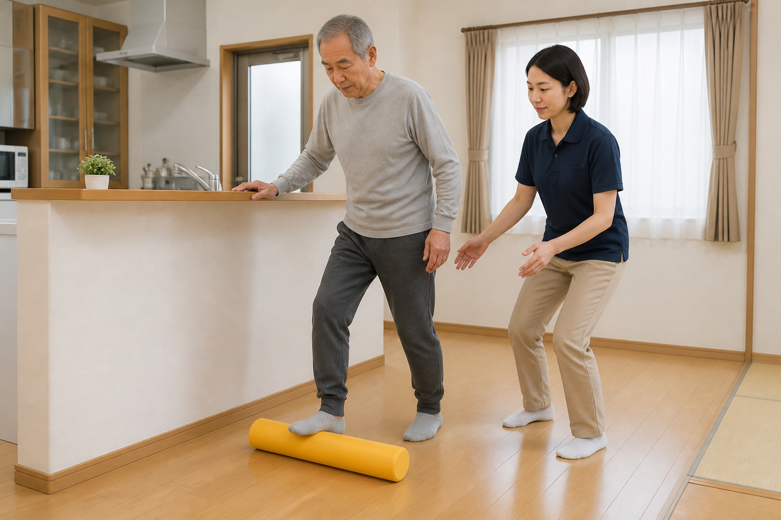自宅で安定した支持物と専門職の見守りを使ってステップ練習を行う様子