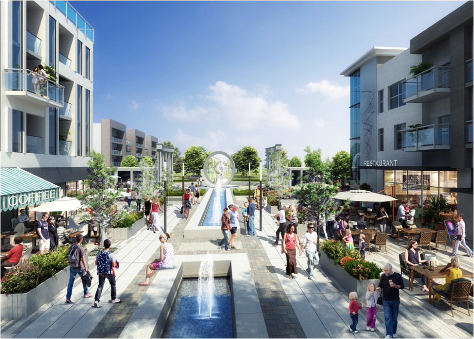 Olympus pedestrian plaza rendering showing fountain, restaurants, and gathering spaces