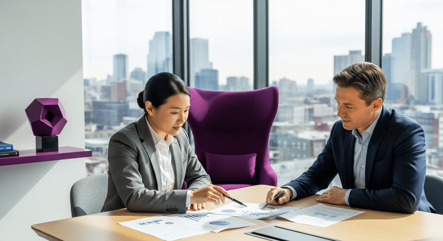 Two professionals discussing a document in a bright modern office with glass walls and purple #9900CC accents, representing partnership and candid communication.