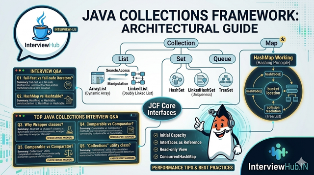 Java Collections Framework complete guide by InterviewHub featuring ArrayList, LinkedList, HashMap, Set, Map, Comparable vs Comparator, fail-fast iterators, and Java collections interview preparation.