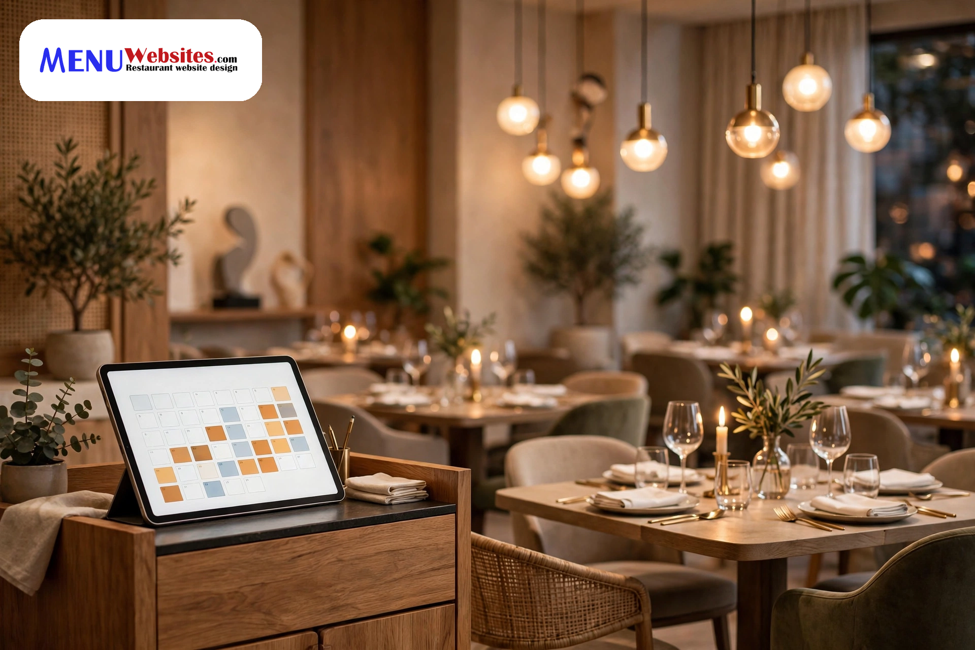 Restaurant dining room with elegantly set tables and warm lighting ready for reservations