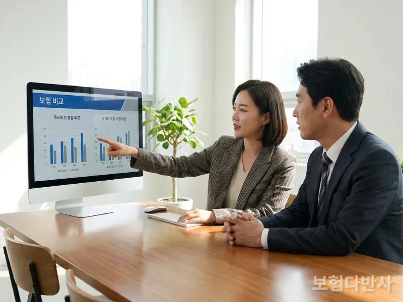 30대 한국인 여성이 밝고 깔끔한 상담실에서 40대 한국인 금융 전문가와 보험 상품 비교 화면을 보며 상담하는 모습