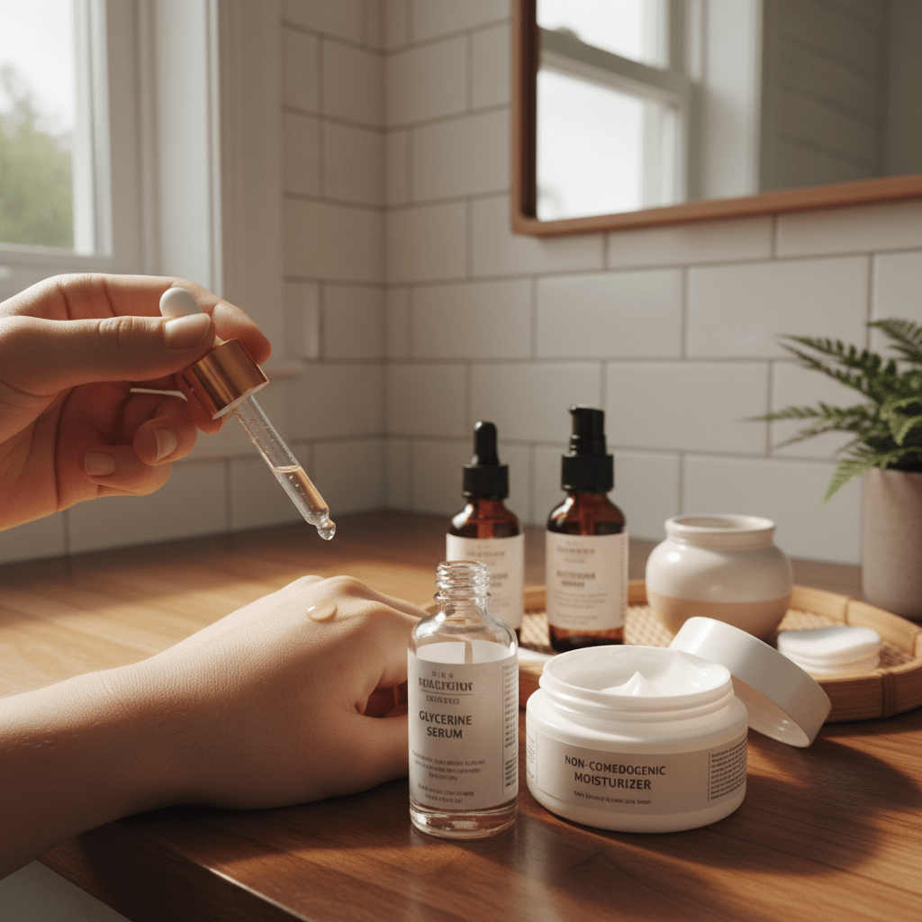 Layered acne skincare routine with glycerine serum and moisturizer