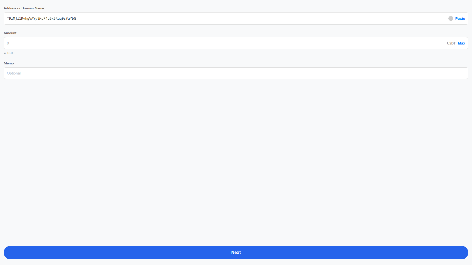 Forensic screenshot of mail.usdt-transfer.info showing the phishing page layout