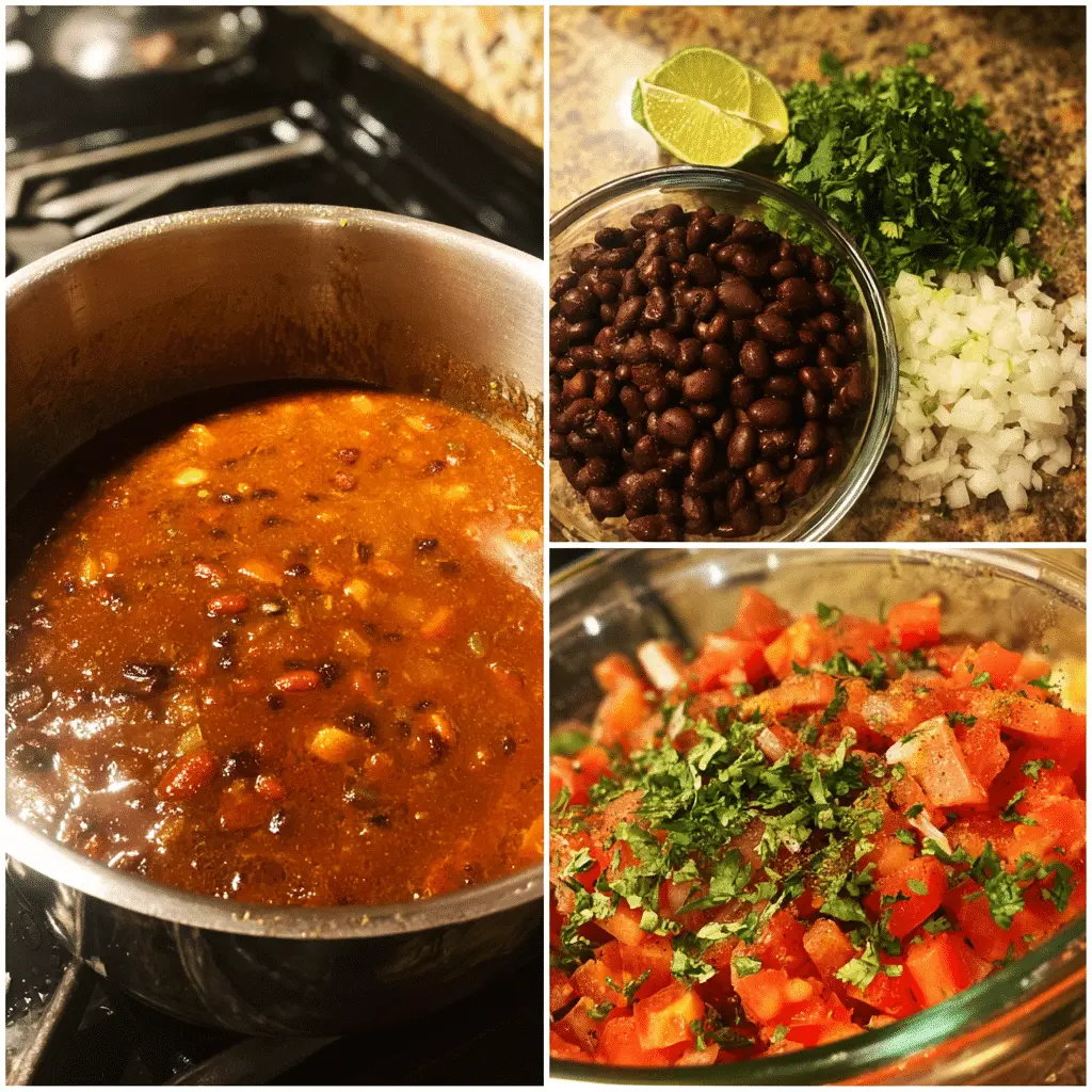Bowl of spicy black bean soup garnished with fresh cilantro, lime wedges, and a swirl of cream.