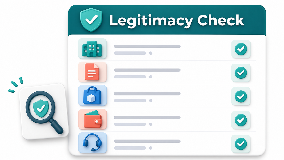 Legitimacy check for company identity, written terms, product, payout path, and support