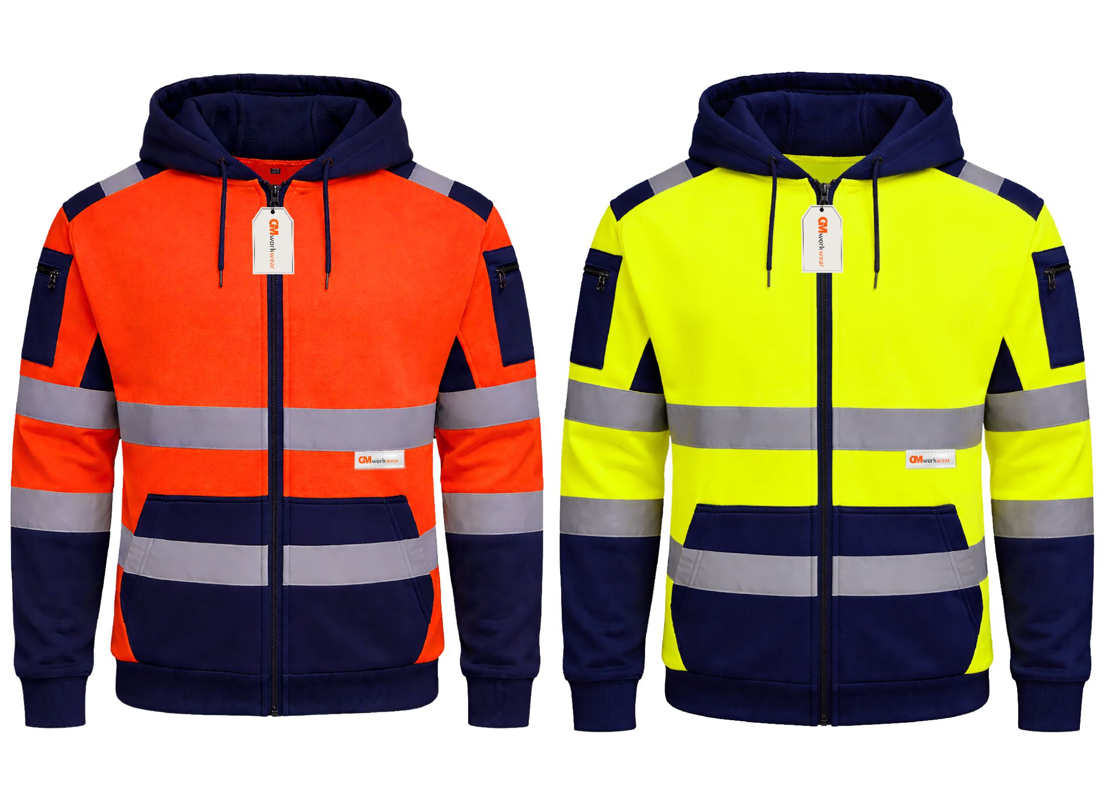 GM Hi Vis Full Zip Hoodie Orange Navy and Yellow Navy Front Back View 360 Reflective