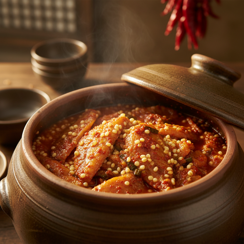 항아리에 담겨 적절한 온도에서 숙성되고 있는 먹음직스러운 가자미식해