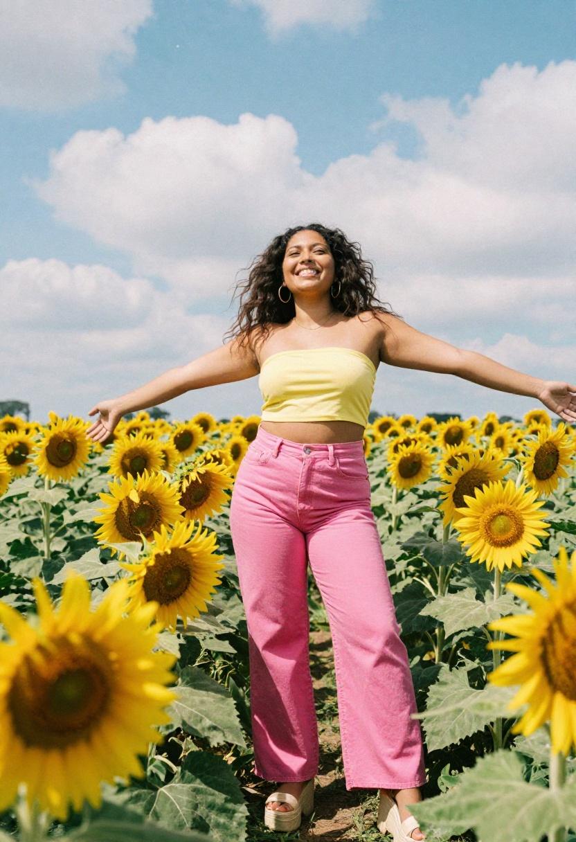 Fuchsia low rise wide-leg jeans with a sunny yellow bandeau top in a flower field, pure Y2K summer joy