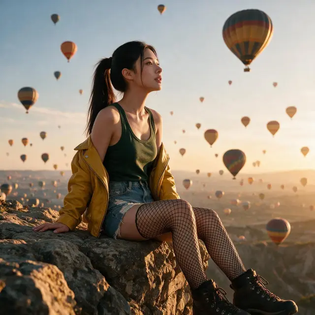 A girl with dark green tank top, denim ripped shorts and yellow leather jacket, fishnet stocking and hiking boots, sitting at the edge of a cliff, watching hot air balloons fly, (((sky filled with hot air balloons))), (((many hot air balloons flying))), golden hour, sunset, serene, cinematic, ultra-realistic, high quality, full body picture