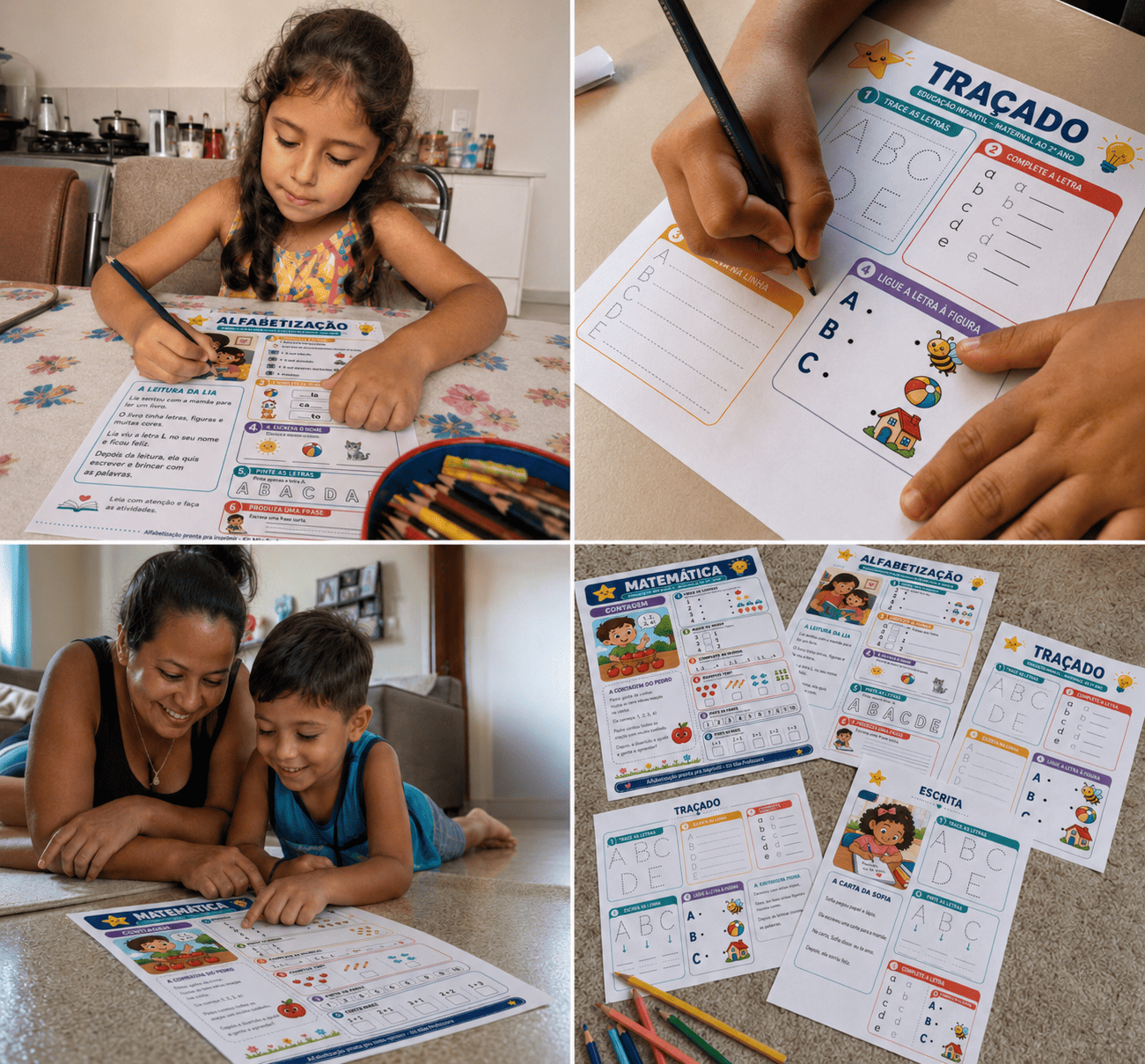 Crianças e mães aplicando as atividades impressas do Kit EducaHoje
