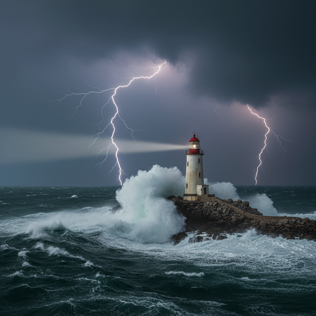 A lone sturdy lighthouse weathering a dramatic, stormy sea, symbolizing guidance and safety in a chaotic environment.