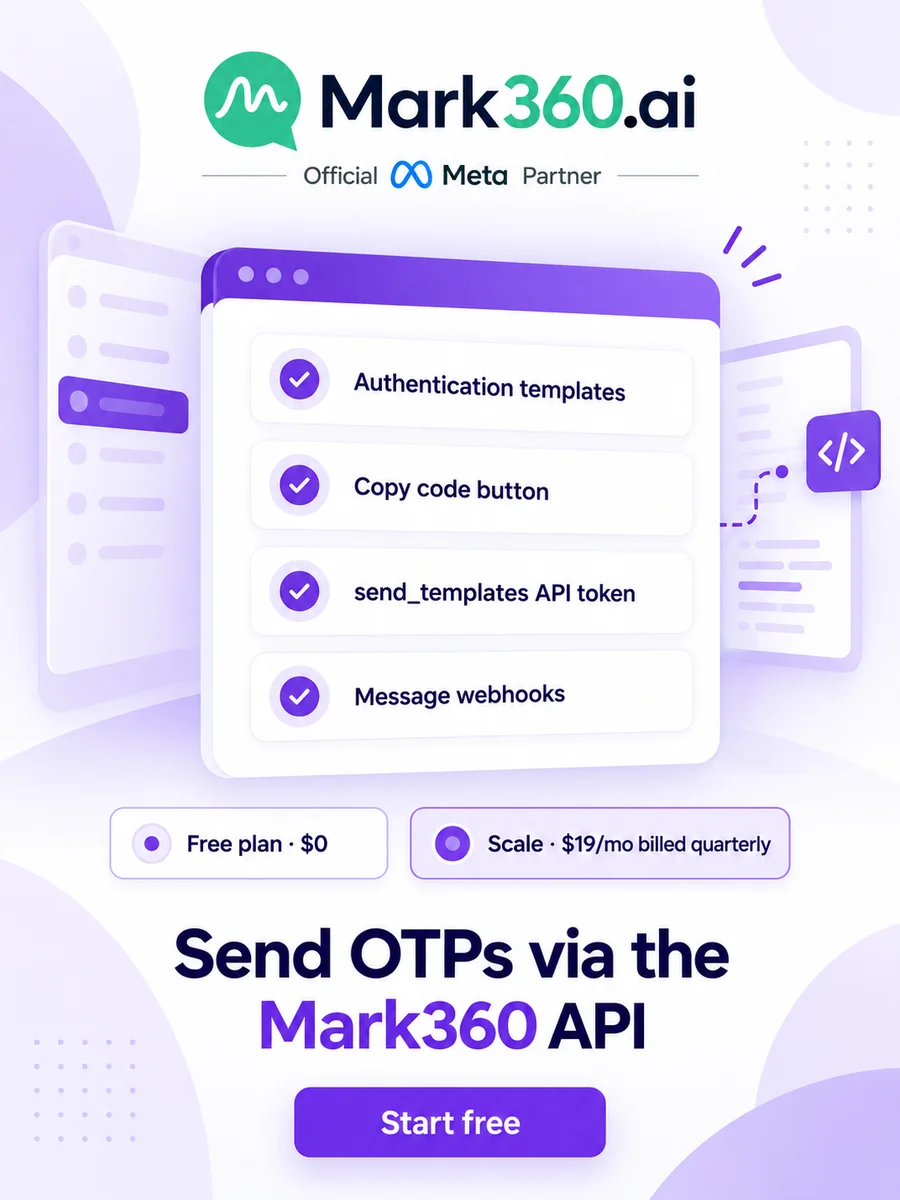 Send OTPs via the Mark360 API: authentication templates, Copy code button, send_templates API token and message webhooks, Free plan $0 or Scale $19/mo billed quarterly