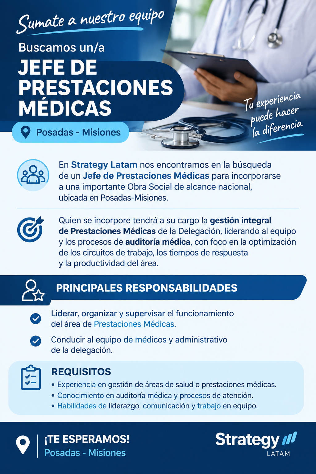 Se busca Jefe de Prestaciones Médicas en Posadas