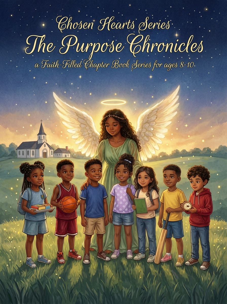 The seven Chosen Hearts kids standing with the angel Celeste on a hill near Mercy Hill church under a starry sky
