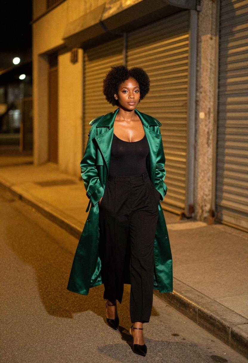 Emerald satin trench coat over sleek black bodysuit for R&B sophistication under city lights