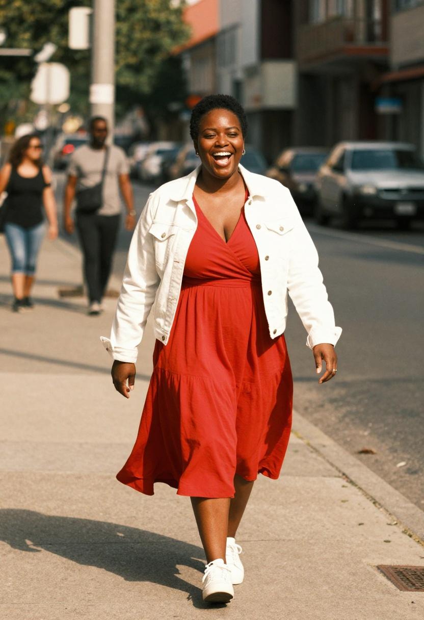 Plus size woman in tomato-red wrap dress with white denim jacket and platform sneakers radiating bold spring confidence