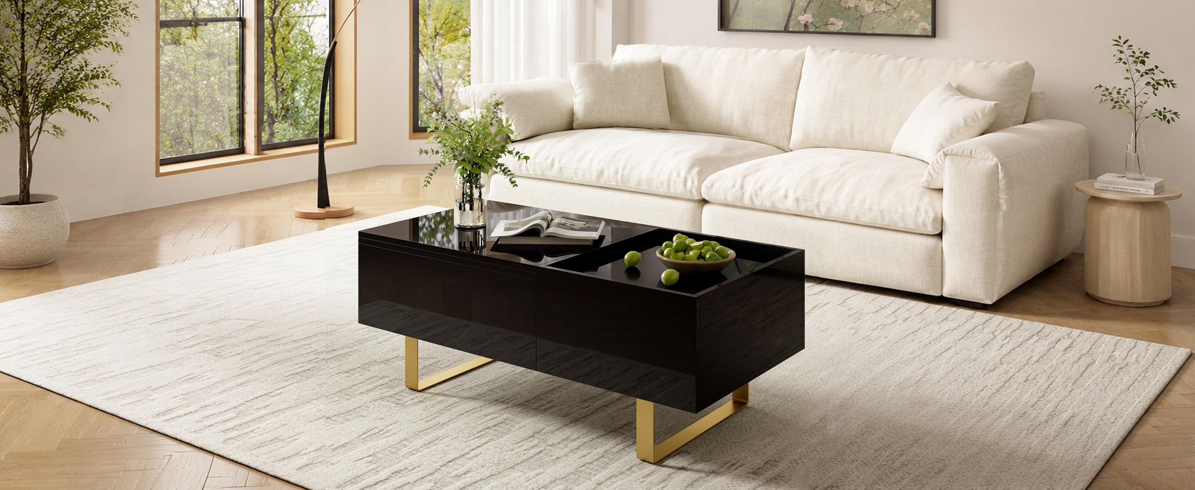 Table Basse Noir, Rangement, Étagères Réglables, Plan Relevable, 1 Tiroir, Design Moderne - Panneau composite de fibres de bois à densité et Métal - 100x50x54.5cm - Salon 2