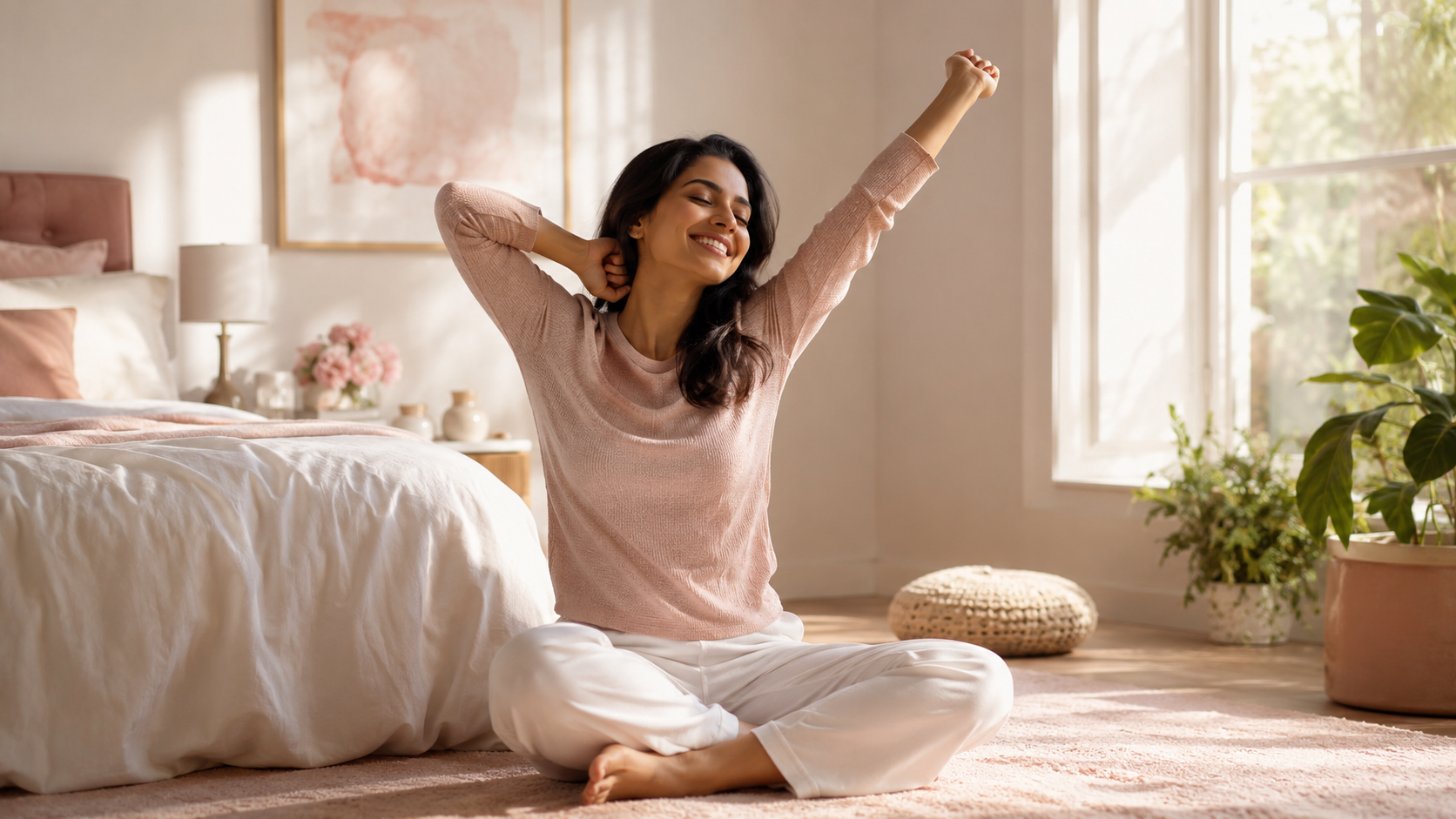 Happy energetic woman stretching in morning light