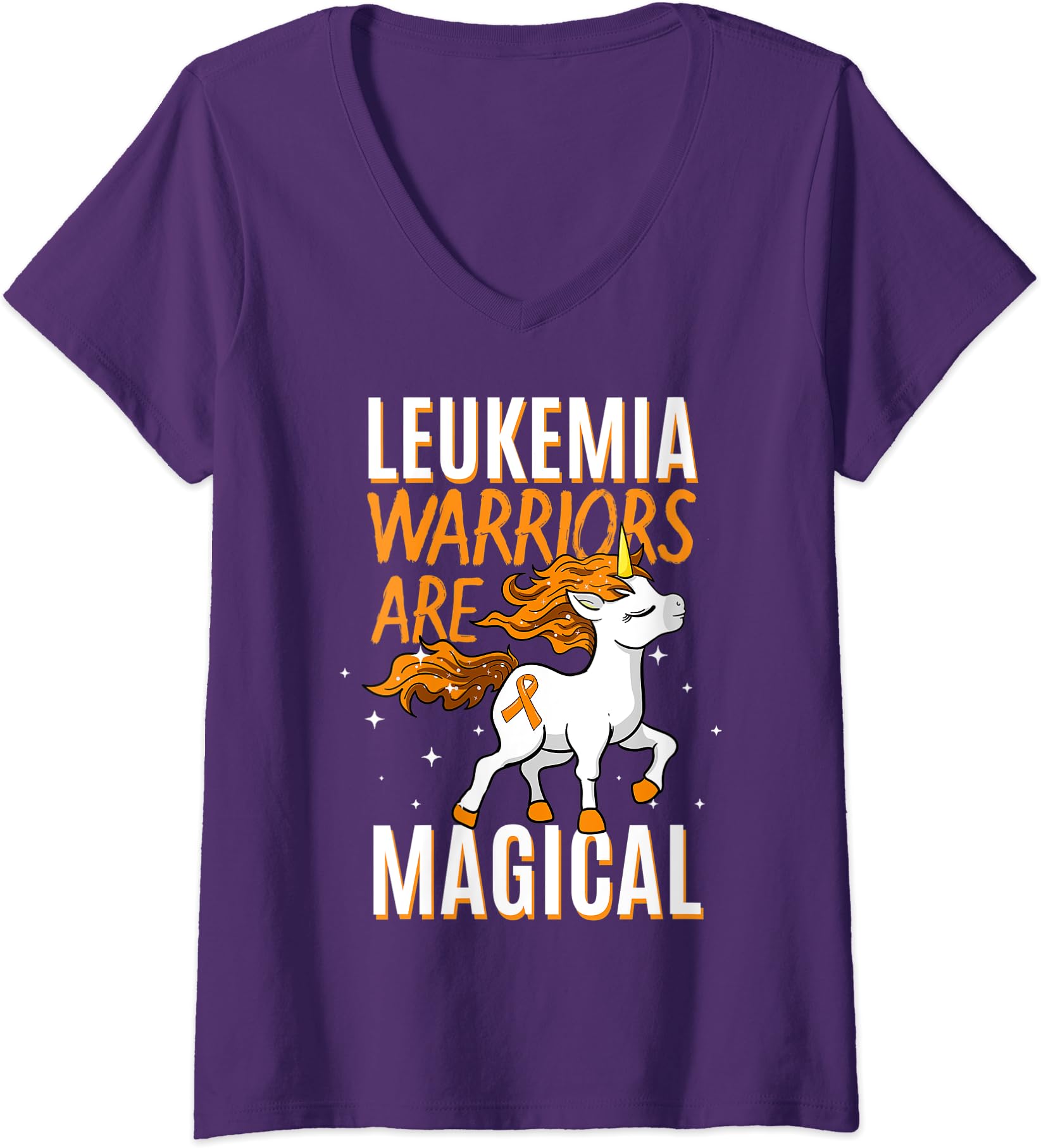 Leukemia Warrior Magical Unicorn Orange Ribbon Ladies’ V-Neck Tshirt