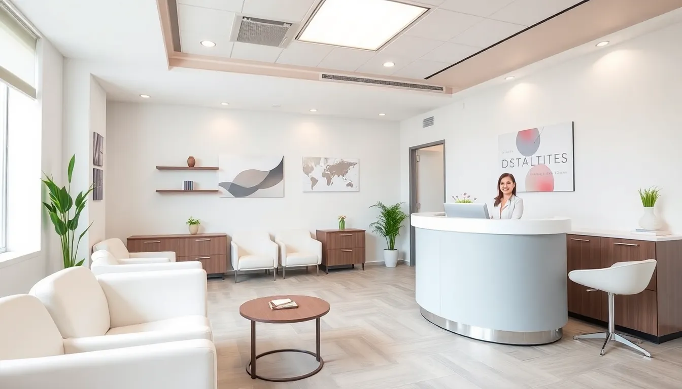 Reception area of a contemporary Indian dental clinic, showcasing clean design and welcoming atmosphere.