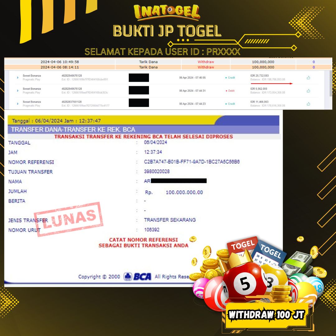 BUKTI PEMBAYARAN JP SLOT SWEET BONANZA Rp100,000,000,- LUNAS