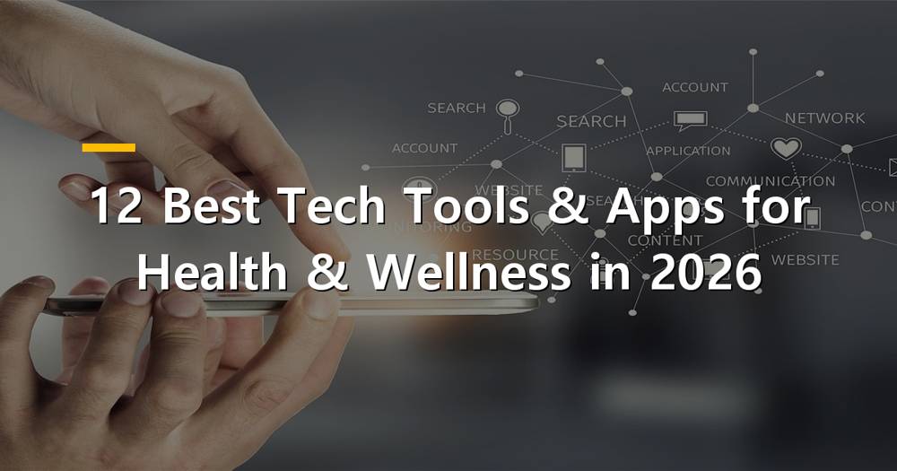 Person using a health tracking app on a smartphone, surrounded by wellness items like fruit and water bottle