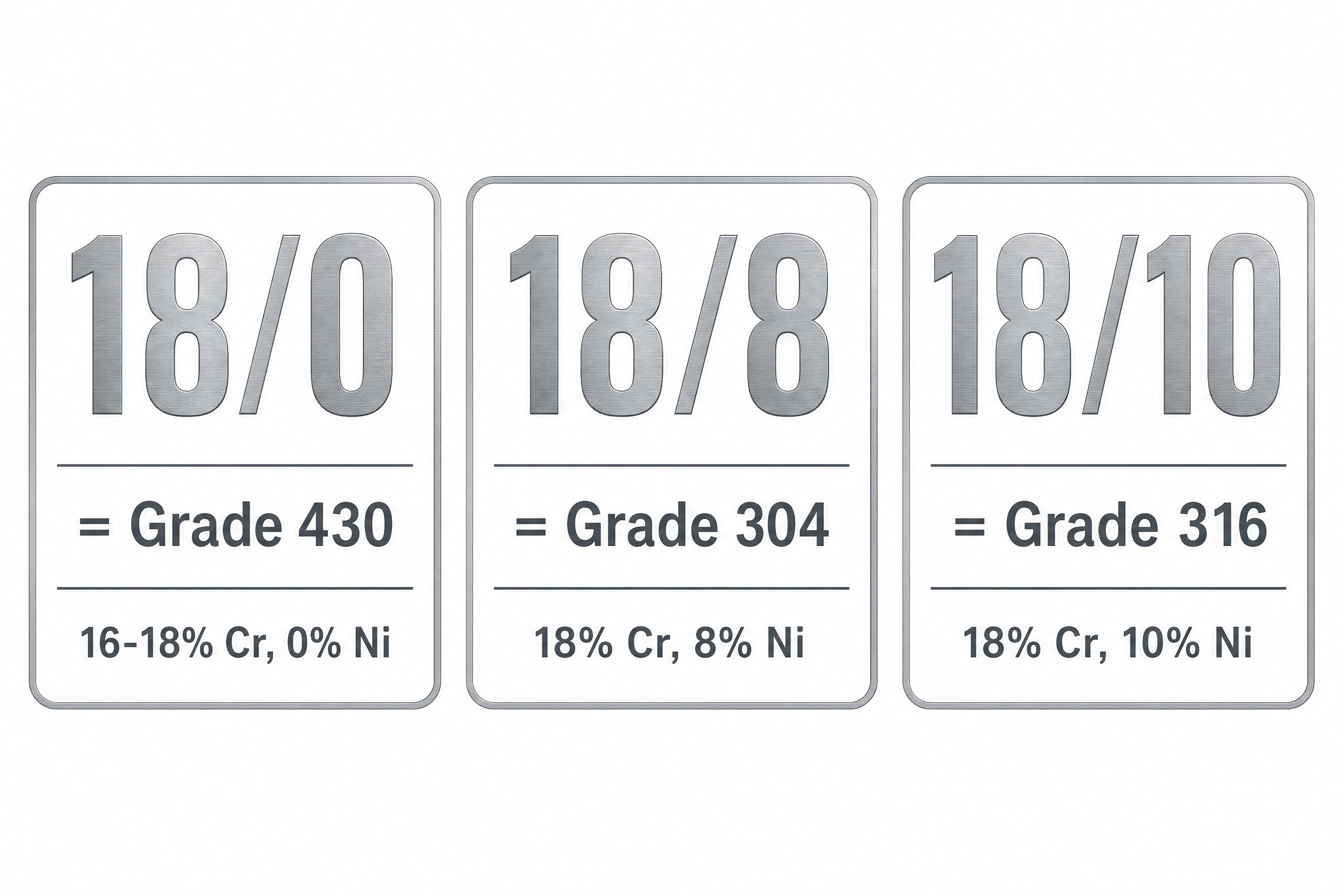 Stainless steel cookware grade labels 18/0 18/8 18/10 comparison chart showing chromium and nickel percentages