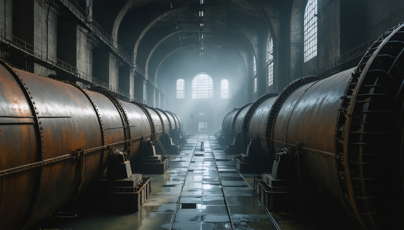 Interior of a vast early hydroelectric powerhouse with rows of large rotating generators, dim natural light from high windows, and a wet stone floor.