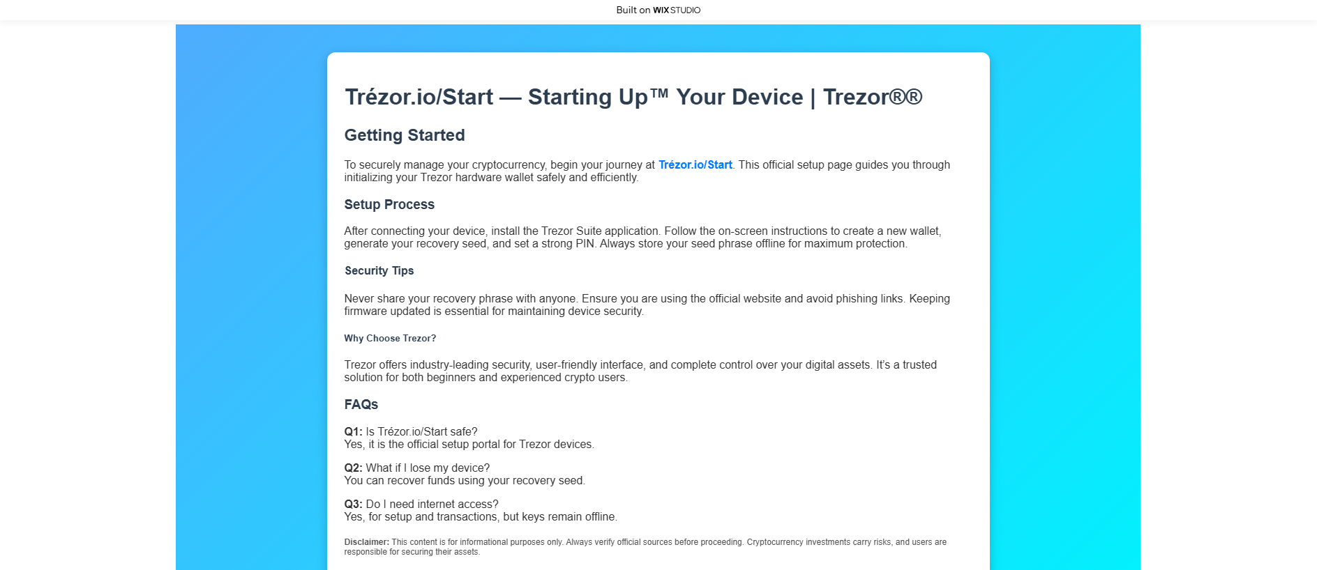 Stored capture of home-startediotrez.wixstudio.com