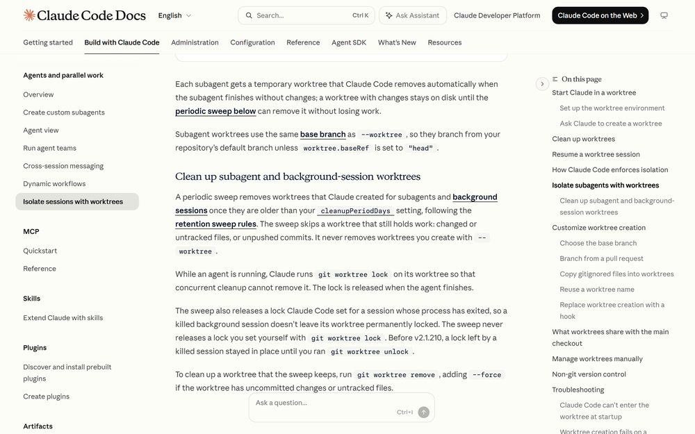 Claude Code official documentation - subagent worktrees and the periodic cleanup sweep (Source: Claude Code official documentation)