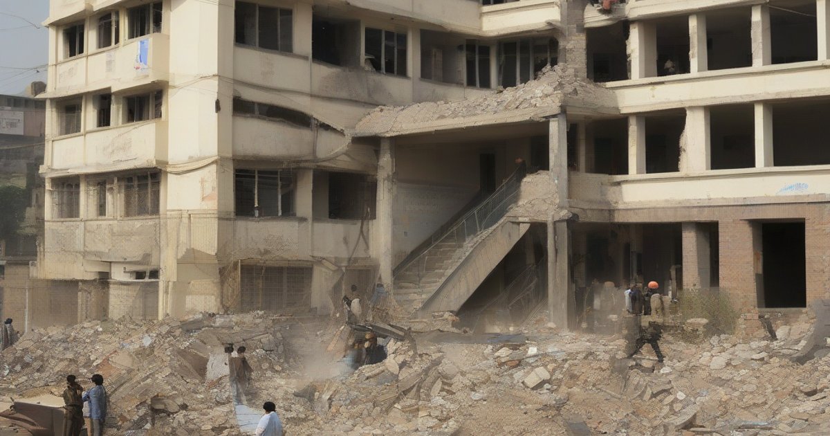 Demolished health center building with police tape in Mirpur Dhaka at night