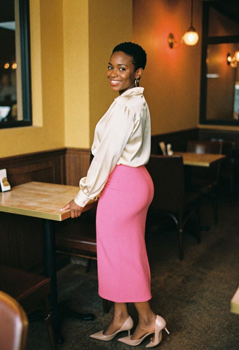 Fuchsia midi skirt with silk blouse for warm and sophisticated speed dating café look