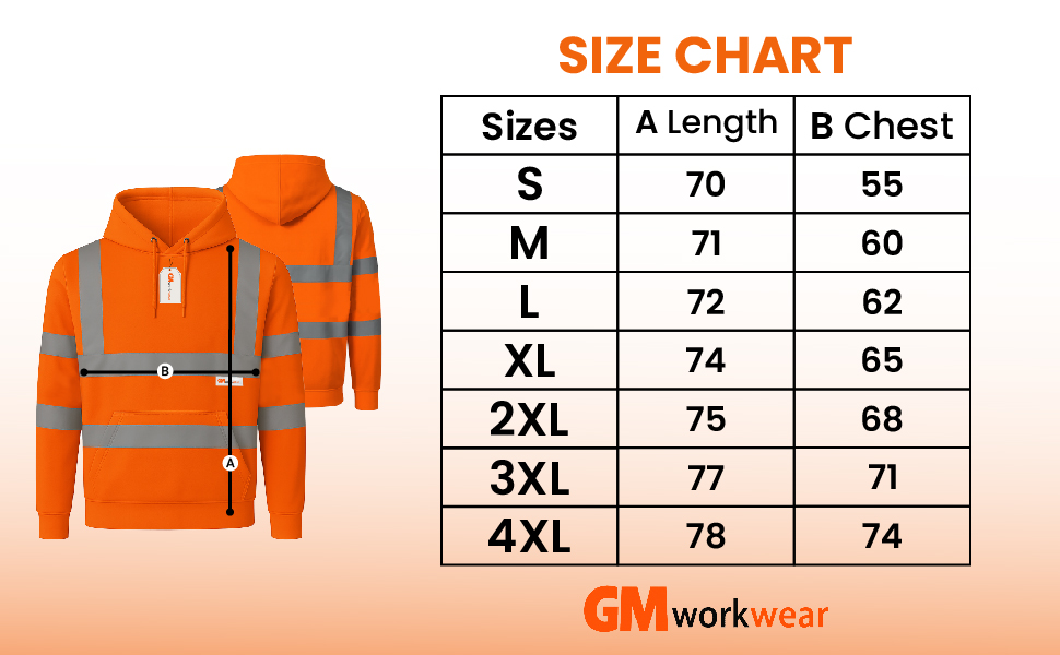 GM Workwear pullover fleece hoodie size chart S to 4XL