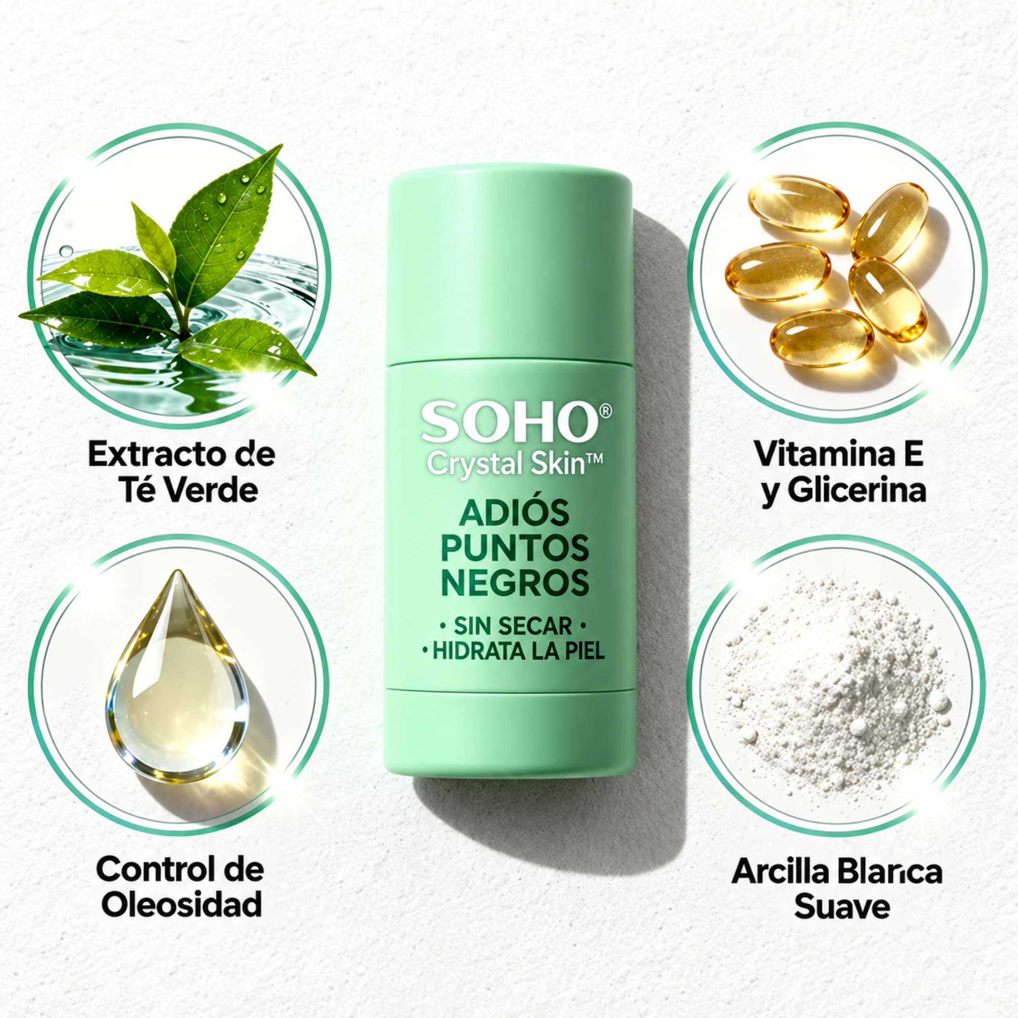 Ingredientes de Crystal Skin de SOHO: extracto de té verde, vitamina E, glicerina, control de grasa y arcilla blanca