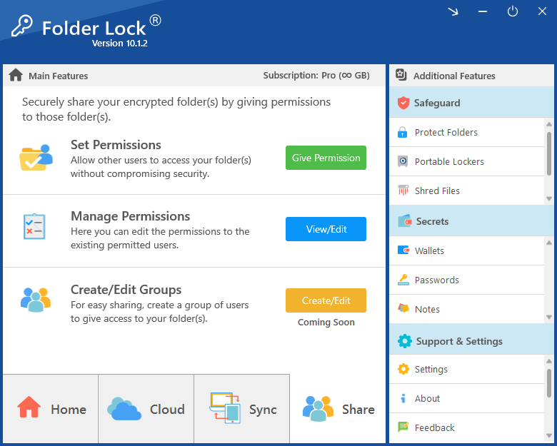Folder Lock sharing permissions screen for controlled document access
