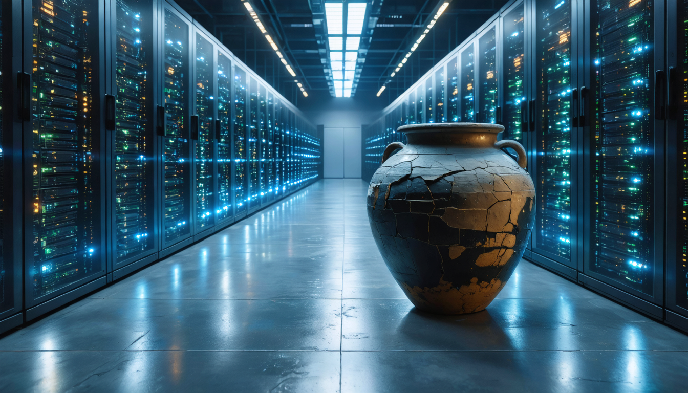 A single ancient ceramic jar sitting in a sun-drenched modern server room, casting a long shadow across rows of blinking equipment.