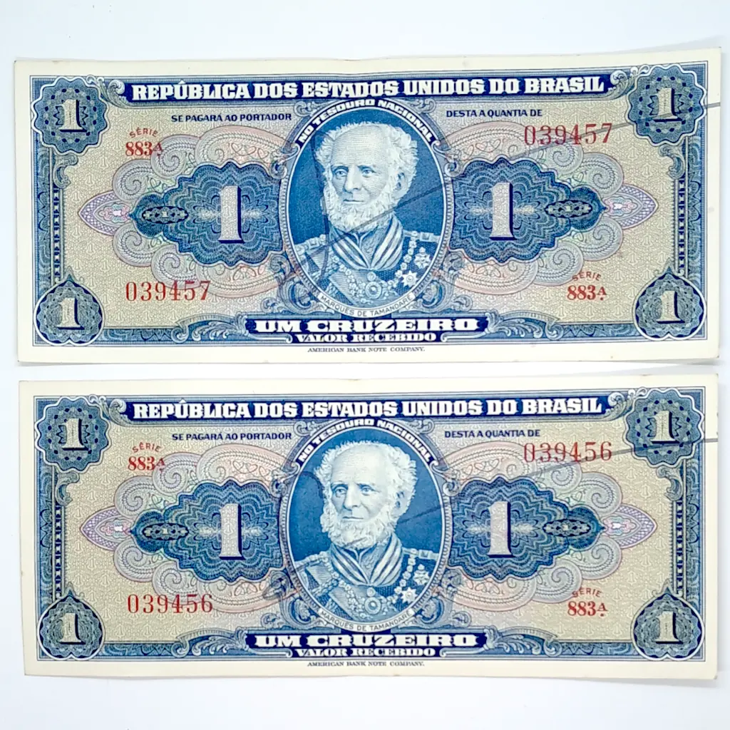 Par de Cédulas do Brasil 1 Cruzeiro 1944 Autografadas Sequenciais | Marquês de Tamandaré – C013