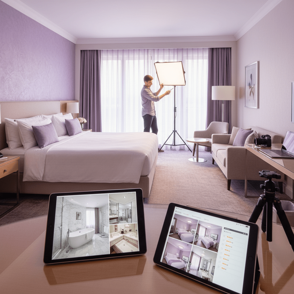 Hotel promotion planning desk with rate cards, calendar, and offer strategy materials in a branded purple-toned workspace