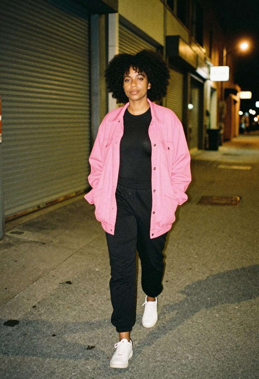 Fuchsia utility jacket over black bodysuit and joggers bowling outfit