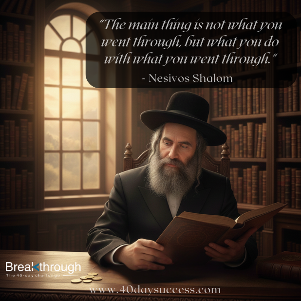 A Chassidic man reads an open sefer in warm window light, below a Nesivos Shalom quote about responding to experience.